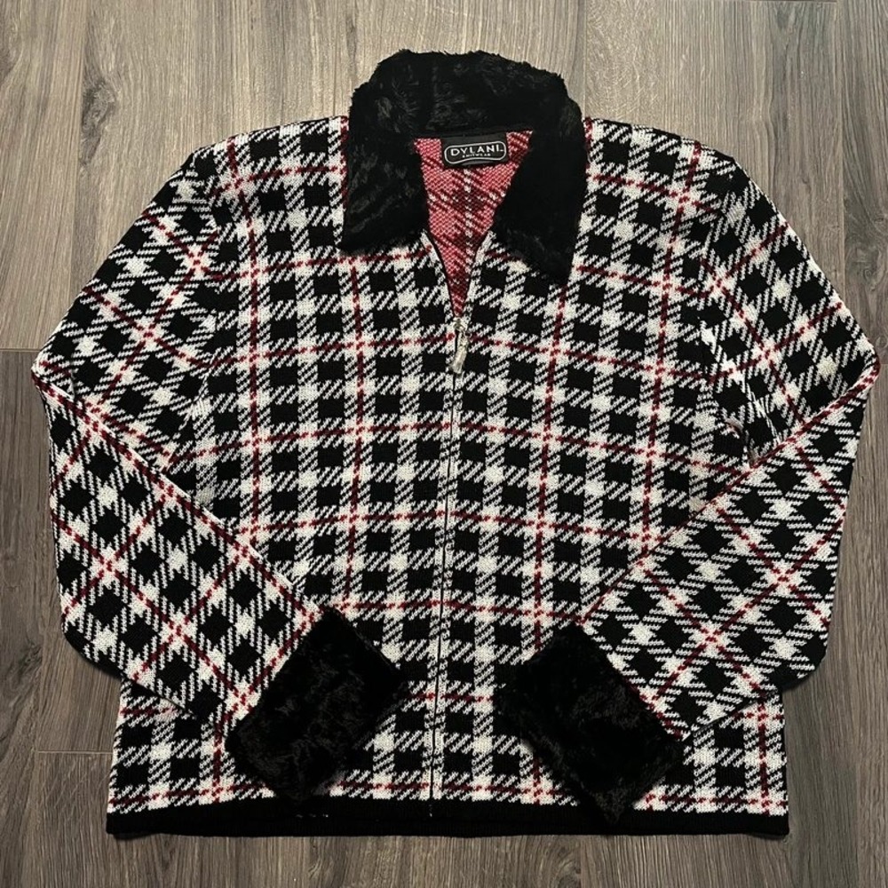 Vintage Dylani Knitwear Plaid Full Zip Sweater Jacket Faux Fur Trim